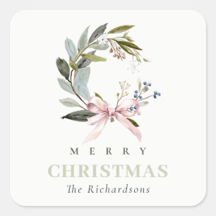 Pegatina Cuadrada Elegante Rubor Blue Green Winter Navidades Wreath