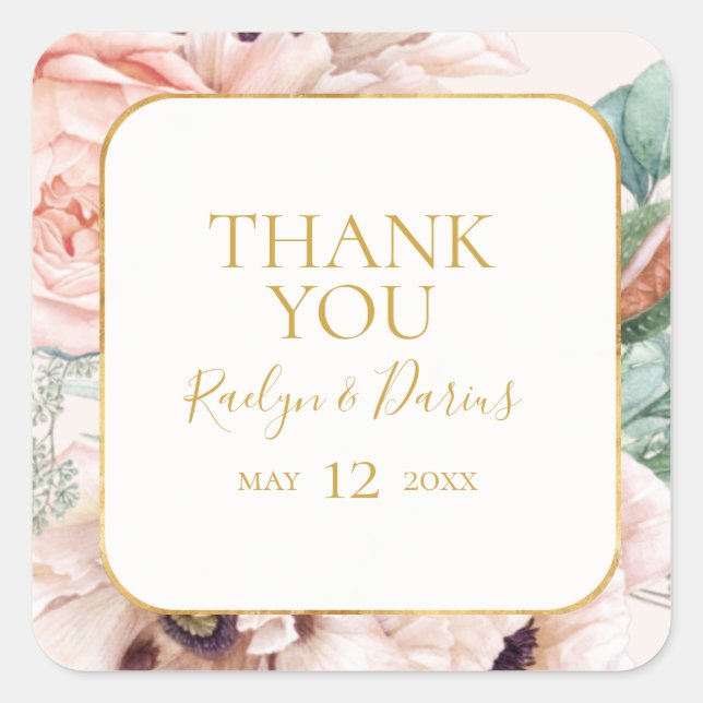 Pegatina Cuadrada Elegante Rubor Floral Garden Pastel Gracias Favor (Anverso)