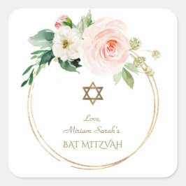 Pegatina Cuadrada Elegante Rubor Rosa Flores Gold Bat Mitzvah