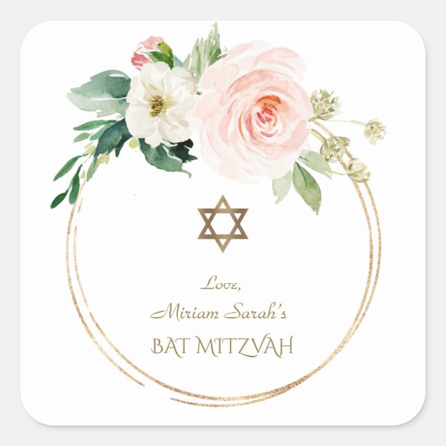 Pegatina Cuadrada Elegante Rubor Rosa Flores Gold Bat Mitzvah (Anverso)