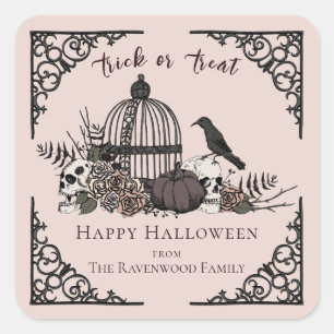 Pegatina Cuadrada Elegante Rubor Rosa Gótico Feliz Halloween