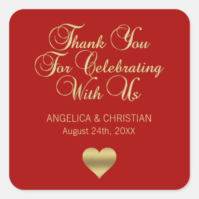 Pegatina Cuadrada Elegante Ruby Berry Red Gold Gracias Boda (Anverso)