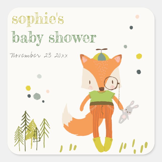 Pegatina Cuadrada Elegante Rustic Cute Woodland Fun Fox Baby Shower (Anverso)