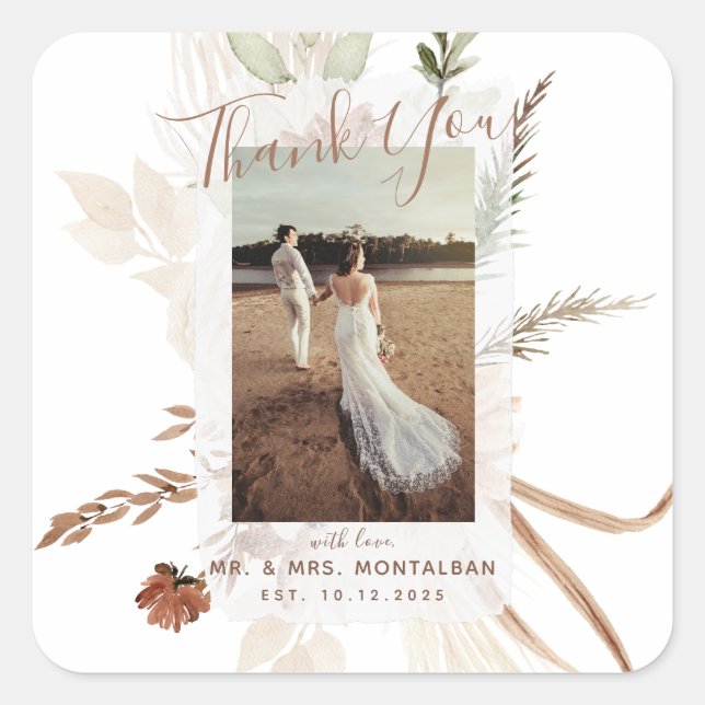 Pegatina Cuadrada Elegante Rústico Pampas Boho  (Anverso)