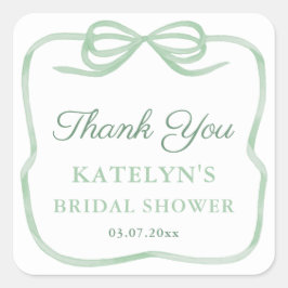 Pegatina Cuadrada Elegante Sage Green Bow Bridal Shower Favor