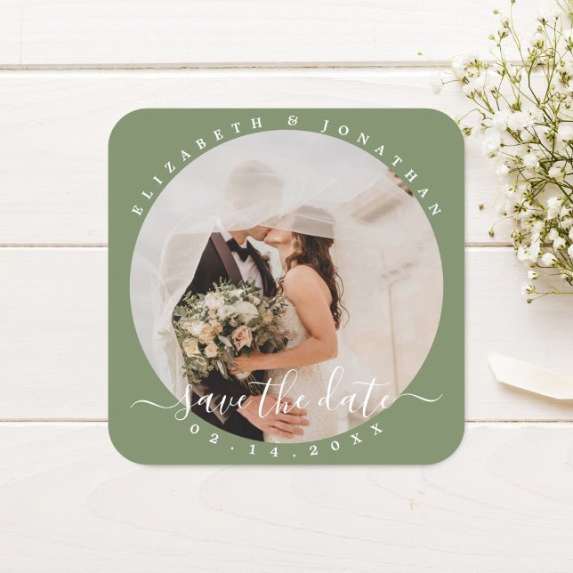 Pegatina Cuadrada Elegante Sage Green Photo Wedding Salva La Fecha (Subido por el creador)