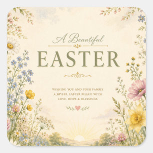 Pegatina Cuadrada Elegante saludo de Pascua de flor silvestre, diseñ
