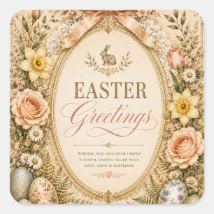 Pegatina Cuadrada Elegante saludo de Pascua, estilo botánico vintage