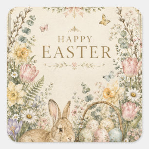 Pegatina Cuadrada Elegante saludo de Pascua, estilo porcelana azul y