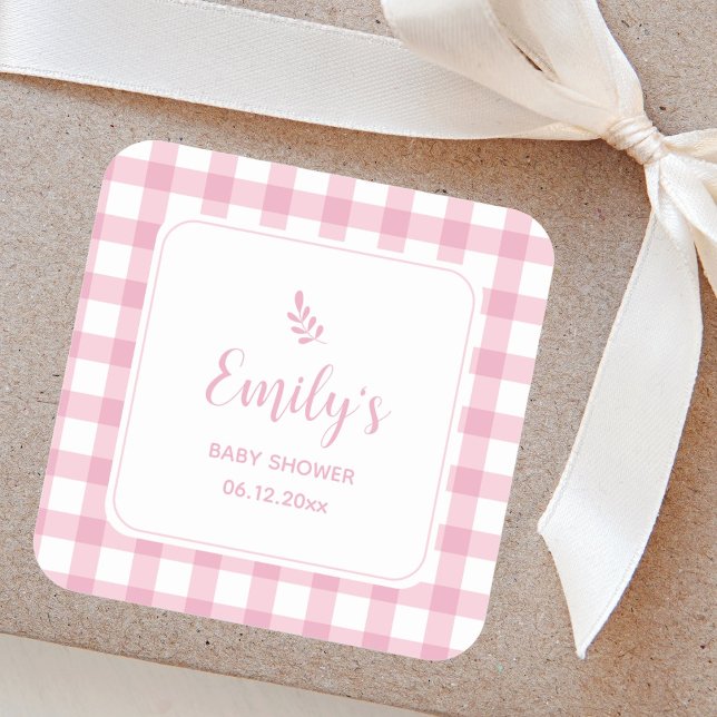 Pegatina Cuadrada Elegante simple bebé rosa Gingham Chica Baby Showe (Subido por el creador)