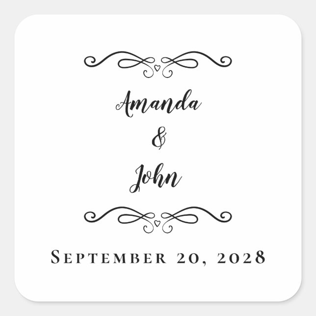 Pegatina Cuadrada Elegante Sobre De Boda Favor Gracias Negro (Anverso)