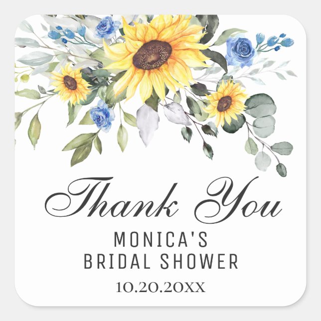 Pegatina Cuadrada Elegante Sunflowers Eucalyptus Bridal Shower (Anverso)