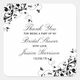 Pegatina Cuadrada Elegante Swirls Black & White Bridal Shower