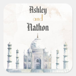Pegatina Cuadrada Elegante Taj Mahal Typology Watercolor Boda