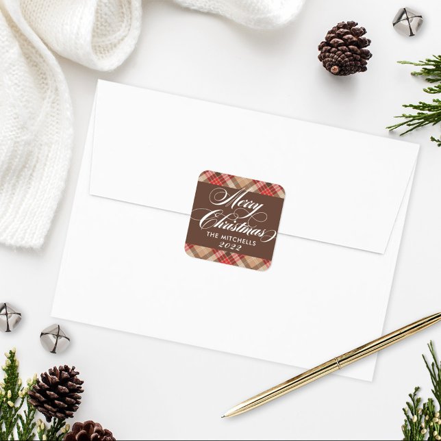 Pegatina Cuadrada Elegante Tan Brown Tartán Jugar Feliz Navidad (Subido por el creador)
