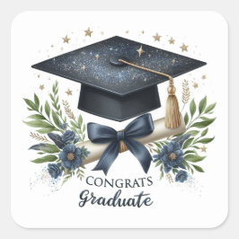 Pegatina Cuadrada Elegante tapón de graduación y diploma