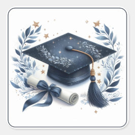 Pegatina Cuadrada Elegante tapón de graduación y diploma