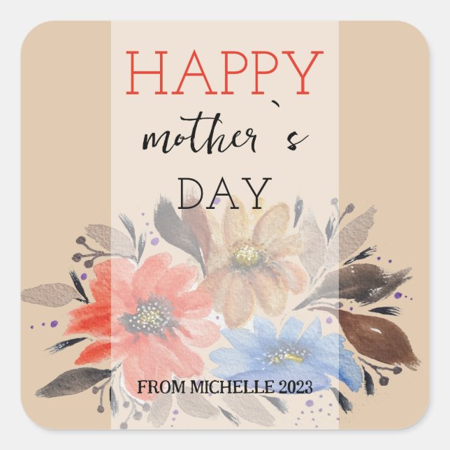 Pegatina Cuadrada Elegante Terracota Pastel Watercolor Floral (Anverso)