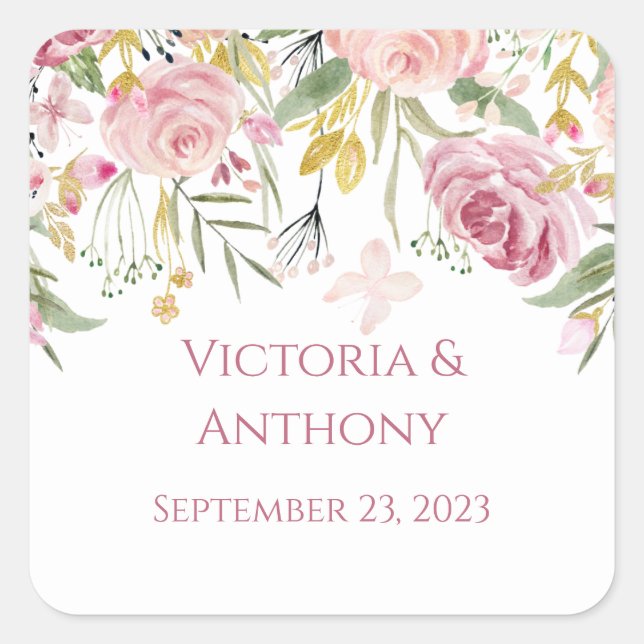 Pegatina Cuadrada Elegante tipografía floral rosa Boda Stic cuadrado (Anverso)