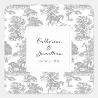 Pegatina Cuadrada Elegante Toile de Boda Gris Blanco Vintage Caballo