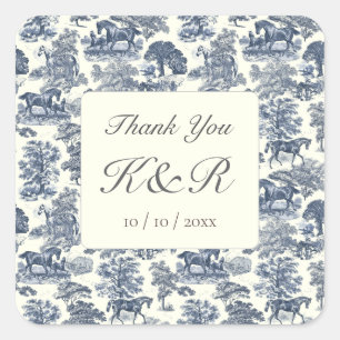 Pegatina Cuadrada Elegante Toile de Caballo Azul Nombre Gracias