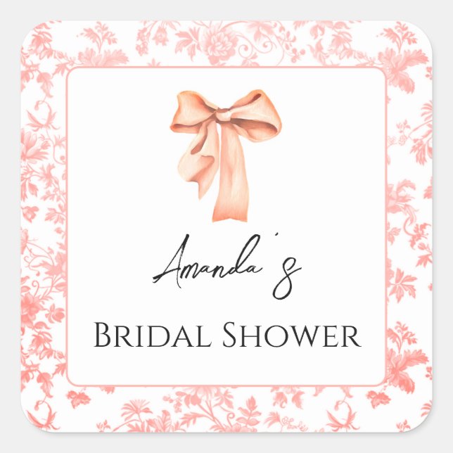 Pegatina Cuadrada Elegante Toile Rosa Floral Bridal Ducha Brunch (Anverso)