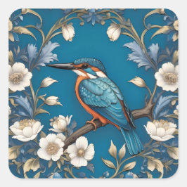 Pegatina Cuadrada Elegante Turquoise Kingfisher Bird Floral