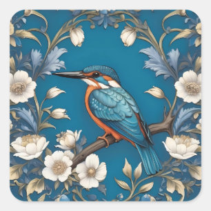 Pegatina Cuadrada Elegante Turquoise Kingfisher Bird Floral