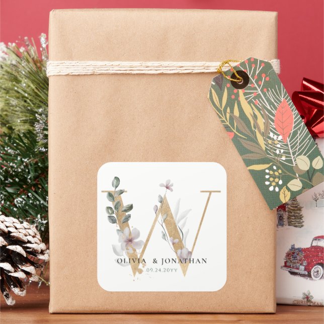 Pegatina Cuadrada Elegante Vegetación Botánica Favor de la Boda de O (Vacaciones)