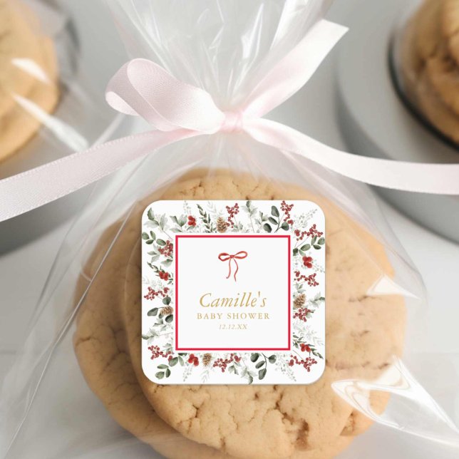 Pegatina Cuadrada Elegante vegetación de invierno y Baby Shower Holl (Winter Baby Shower Favor Stickers)
