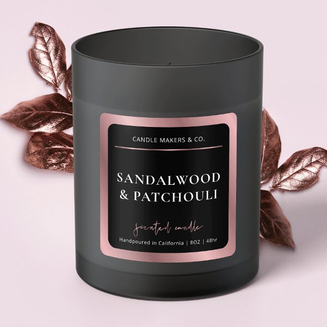 Pegatina Cuadrada Elegante Vela moderna de estilo negro y Rosa dorad (Luxurious black and rose gold square product stickers - great for candles, diffusers, wax melts)