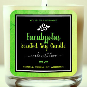 Pegatina Cuadrada Elegante Velas de soja Empaquetado Negro Verde