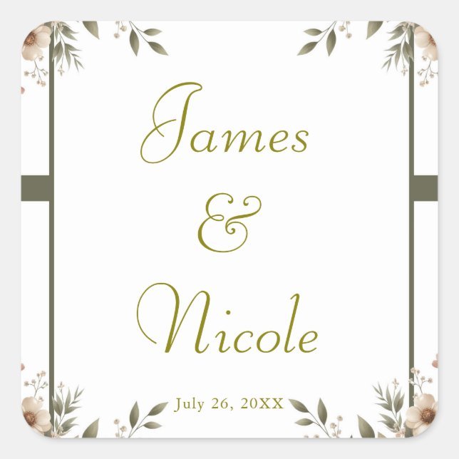 Pegatina Cuadrada Elegante Verde Oliva y Floral de Esquina Blanco Bo (Anverso)