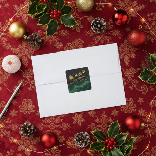 Pegatina Cuadrada Elegante Verde Oro Trineo de Santa Feliz Navidad