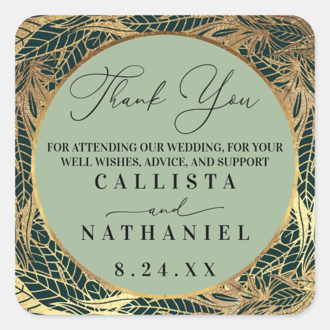 Pegatina Cuadrada Elegante verde sabio dorado deja Boda (Anverso)