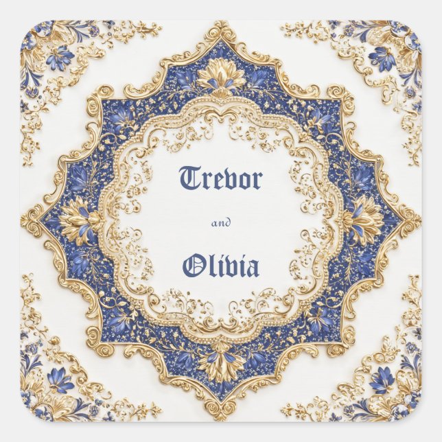 Pegatina Cuadrada Elegante victoriano Real Azul y Barroco Oro (Anverso)