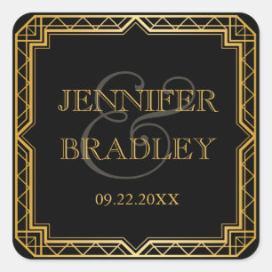Pegatina Cuadrada Elegante Vintage Art Deco Black Gold Favor