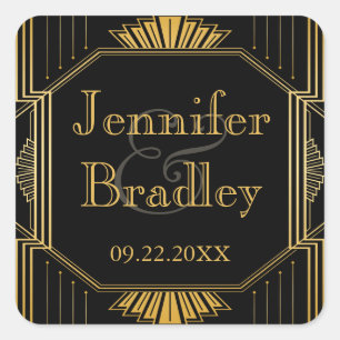 Pegatina Cuadrada Elegante Vintage Art Deco Black Gold Favor