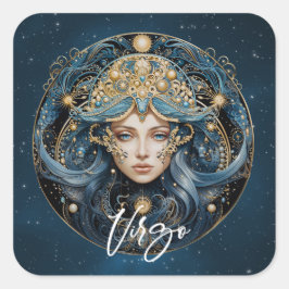 Pegatina Cuadrada Elegante Virgin Fantasy Zodiac Black Gold Virgo