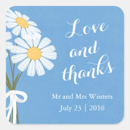 Pegatina Cuadrada Elegante White Daisies Azul Gracias Boda
