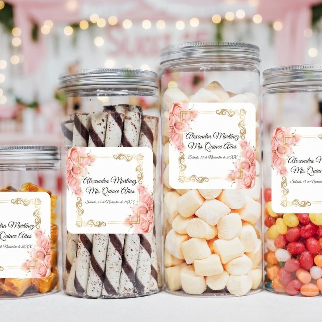 Pegatina Cuadrada Elegante White Simple Rosa Rosa Dorado Quinceañera (Subido por el creador)