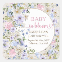 Pegatina Cuadrada Elegante Wildflower Meadow Rubor Pink Baby Shower