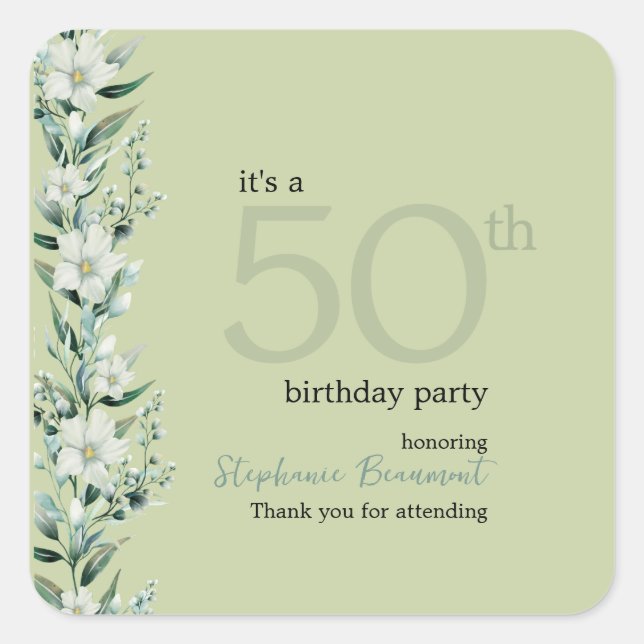 Pegatina Cuadrada Elegante Wildflower Pink Sorpresa 50 cumpleaños (Anverso)