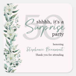 Pegatina Cuadrada Elegante Wildflower Pink Sorpresa 50 cumpleaños