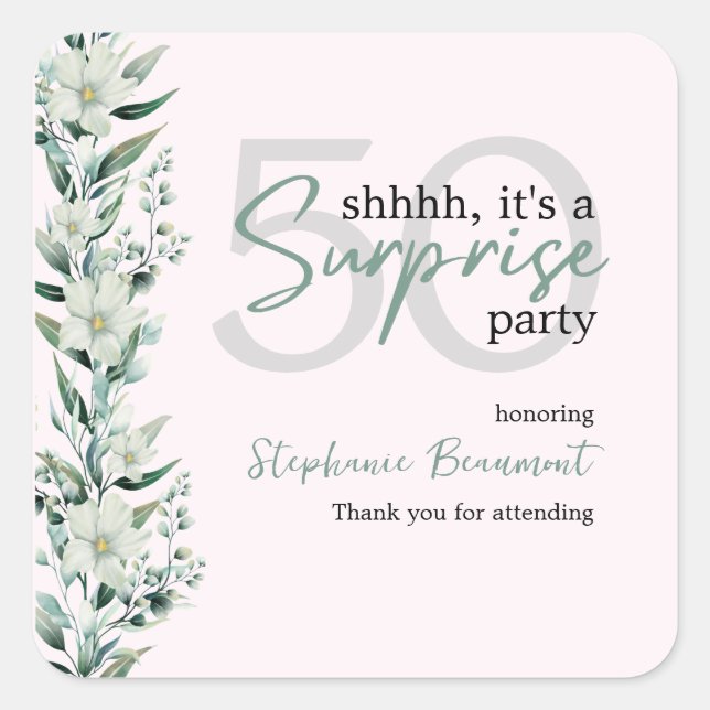 Pegatina Cuadrada Elegante Wildflower Pink Sorpresa 50 cumpleaños (Anverso)