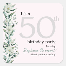 Pegatina Cuadrada Elegante Wildflower Sorpresa Rosa 50 cumpleaños Na