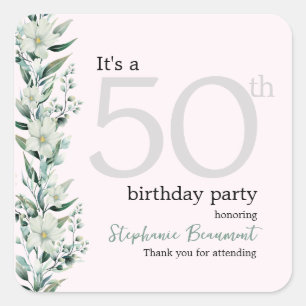 Pegatina Cuadrada Elegante Wildflower Sorpresa Rosa 50 cumpleaños Na