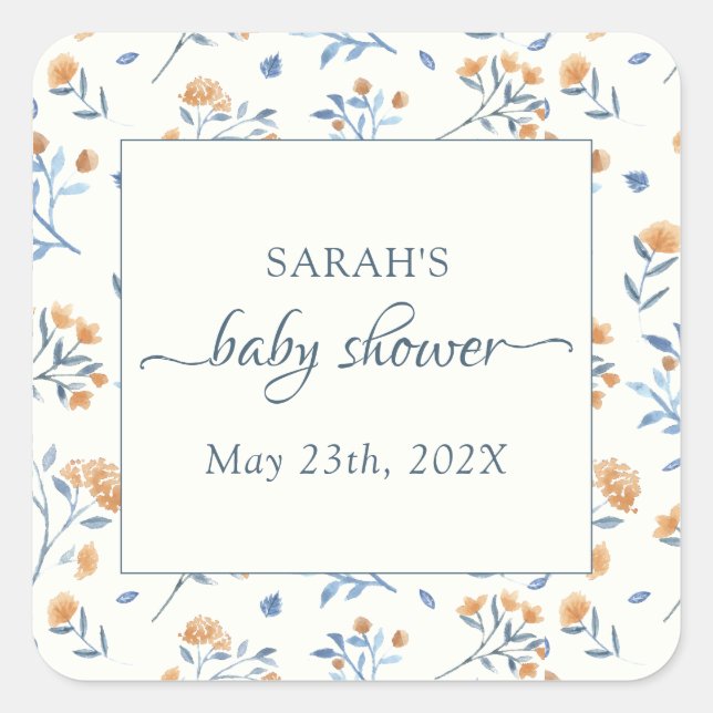 Pegatina Cuadrada Elegante Wildflowers Boho Baby Shower (Anverso)