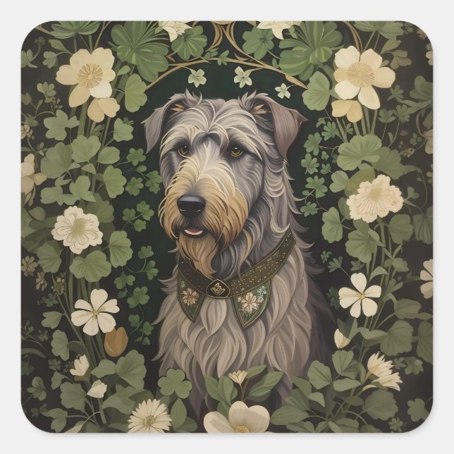 Pegatina Cuadrada Elegante Wolfhound Irlandés Con Shamrock (Anverso)