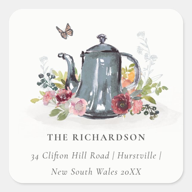 Pegatina Cuadrada Elegante y alegre dirección de Rosas con tetera fl (Anverso)